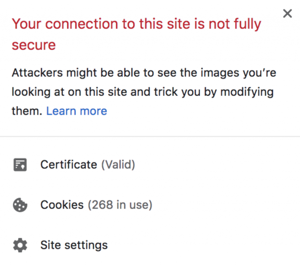 Error message by chrome to alert user of mixed content